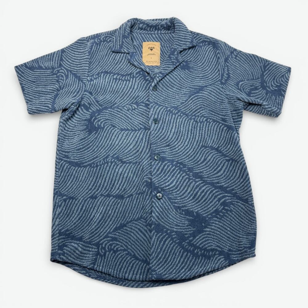 OAS After Swim Terry Cotton Shirt Mens Large Blue Short Sleeve Wavy Beach Resort